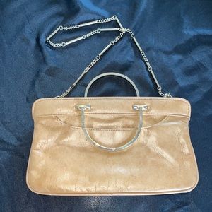 Vintage Tan Leather (?) Purse/Handbag w/Gold Tone Handles & Chain~Hong K…